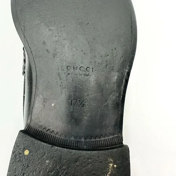 GUCCI Cara Signature Letters Logo Black Loafers Size 37.5 Leather Flat Shoes - Picture 11 of 14